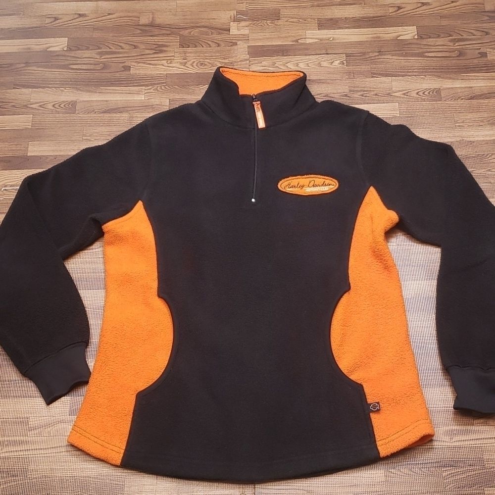 Harley Davidson Black & Orange  1/4 zip Fleece pull over Sweatshirt size…